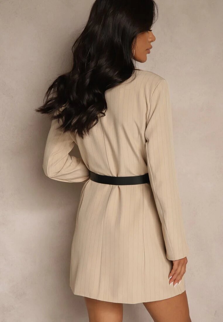 new collection Rochie tip sacou bej cu viscoză și umeri întăriți cu dungi Nevarae