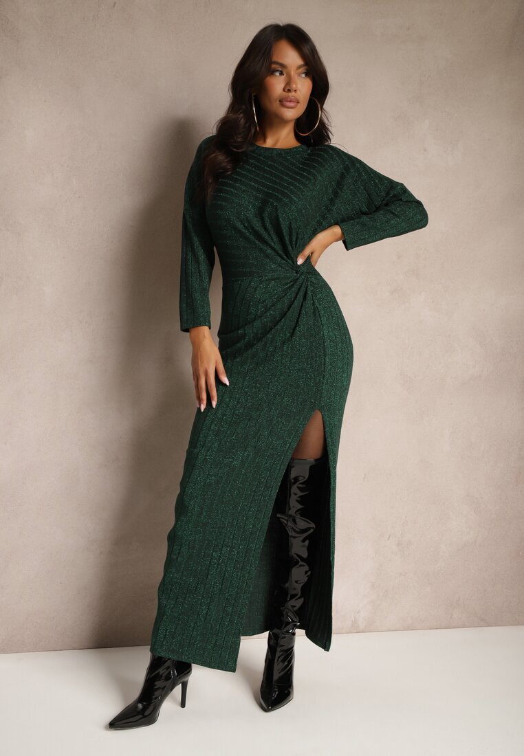 new collection Rochie Verde închis din Viscoză cu Fir Metalic și Nod Asimetric Elloritia