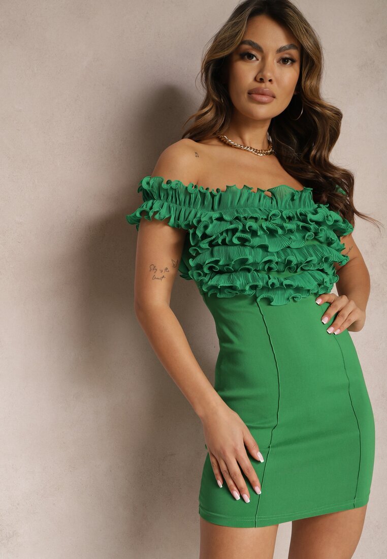 new collection Rochie Verde Mulată Mini cu croială spaniolă cu volănașe la decolteu Kaleitia