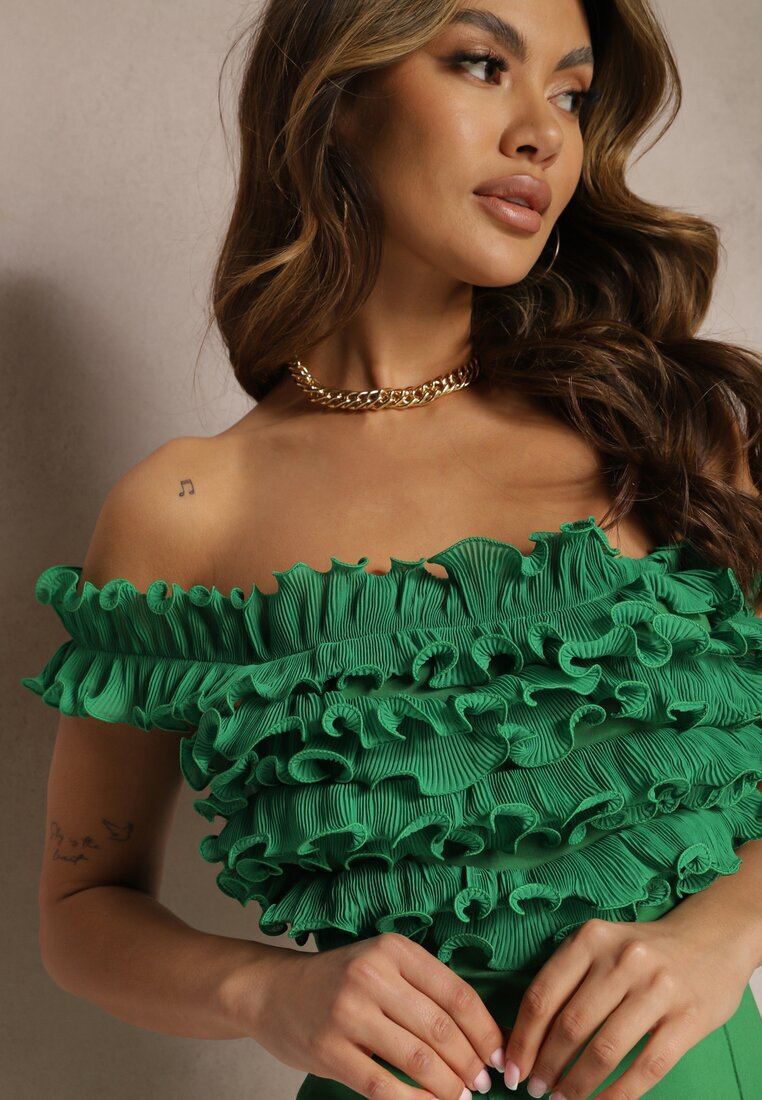 new collection Rochie Verde Mulată Mini cu croială spaniolă cu volănașe la decolteu Kaleitia