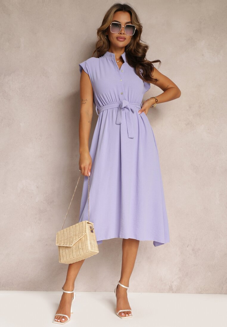 new collection Rochie violetă Midi cu nasturi și curea din material Nylalik