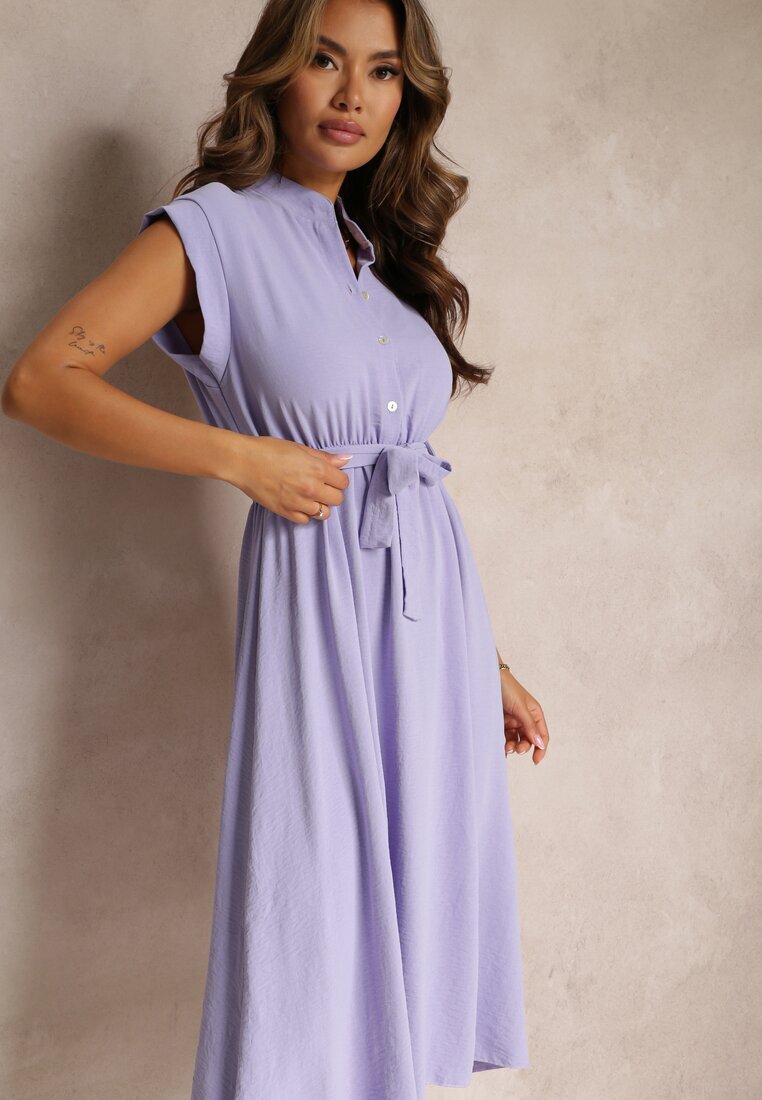new collection Rochie violetă Midi cu nasturi și curea din material Nylalik