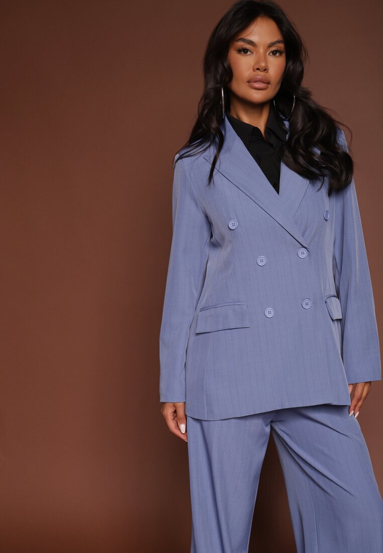 new collection Sacou Albastră cu două rânduri de nasturi cu Viscoză și Linie de Umeri Întărită Ellirisa