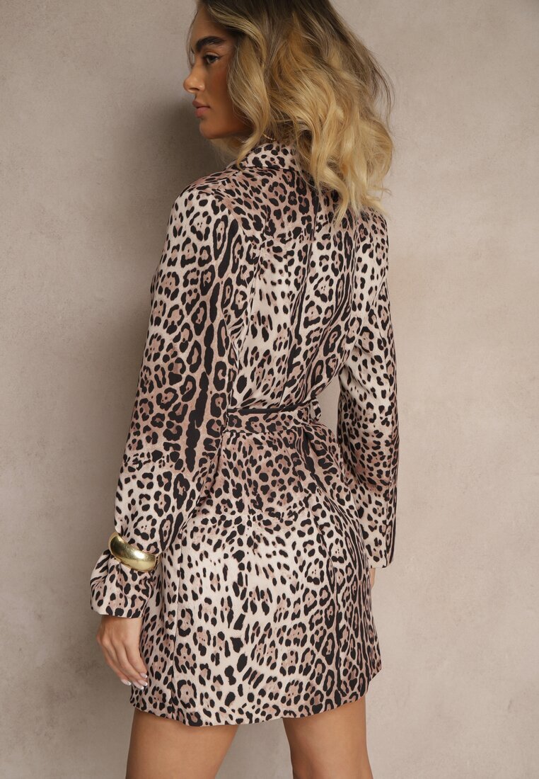 new collection Sacou bej cu imprimeu leopard fără închidere cu cordon și cu umeri structurați Etanwen