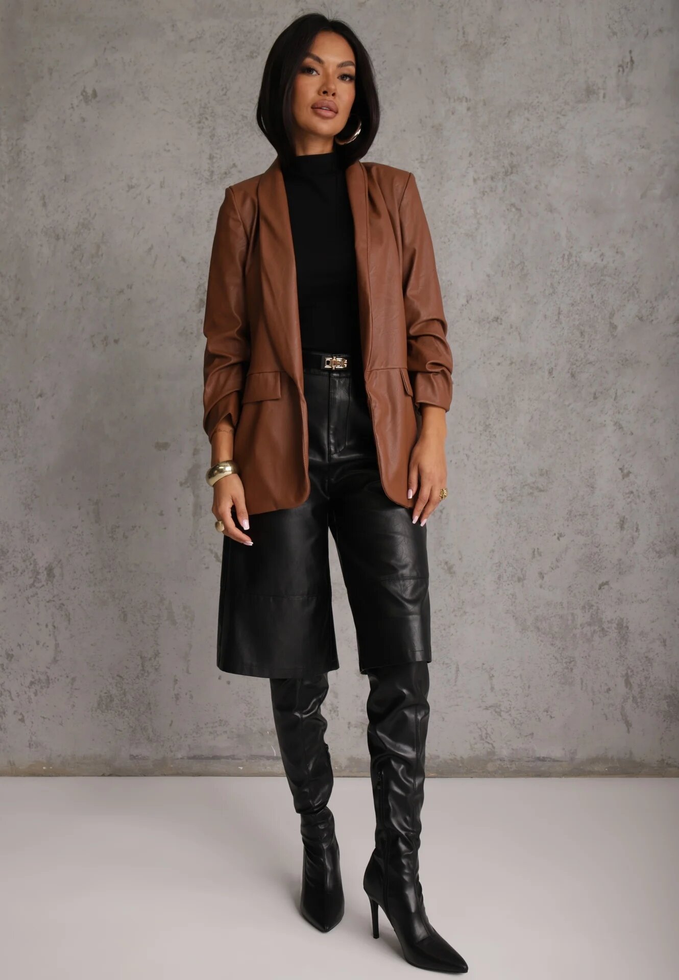 new collection Sacou Brun din Imitație de Piele Deschis cu Mânecă Înrcrețită Libe