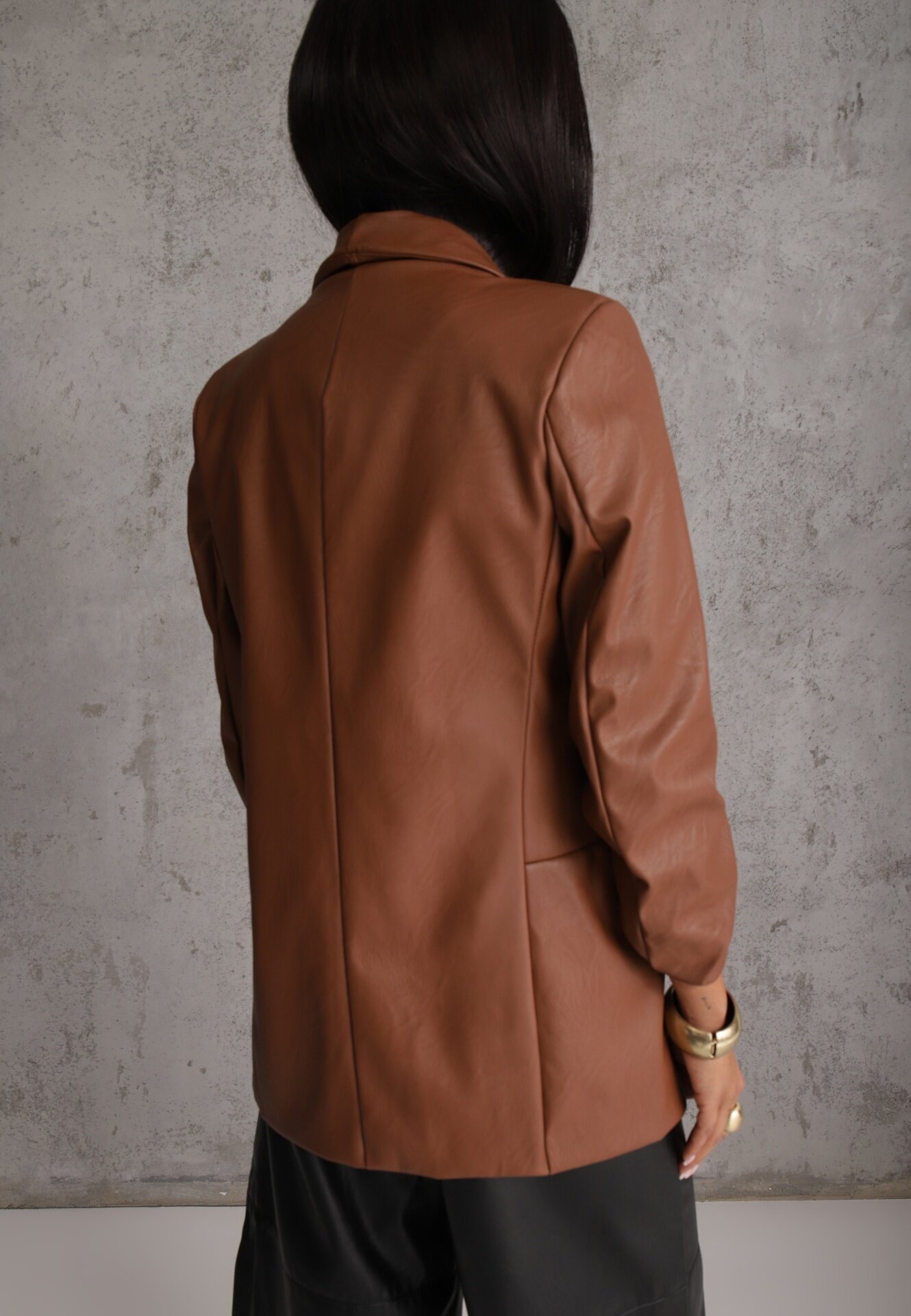 new collection Sacou Brun din Imitație de Piele Deschis cu Mânecă Înrcrețită Libe