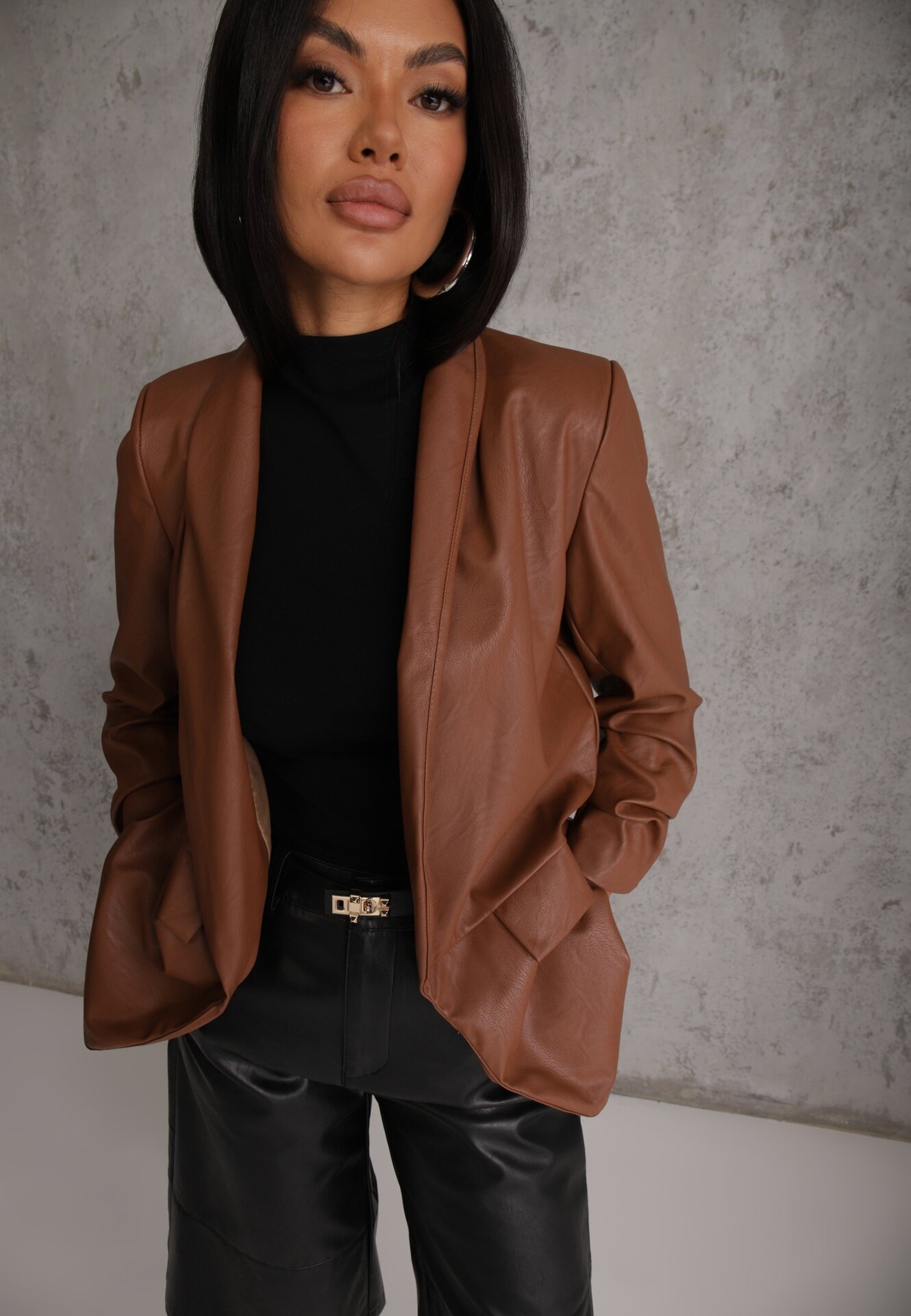 new collection Sacou Brun din Imitație de Piele Deschis cu Mânecă Înrcrețită Libe