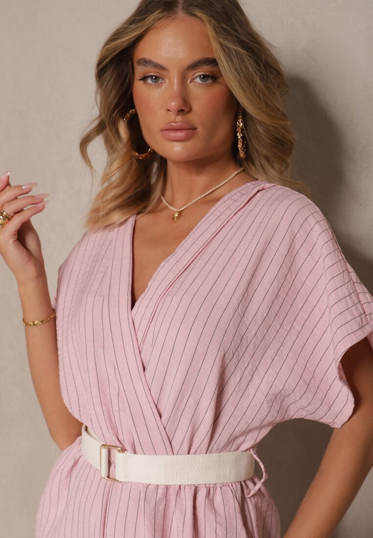 new collection Salopetă petrecută roz cu mâneci liliac și curea Tollamira