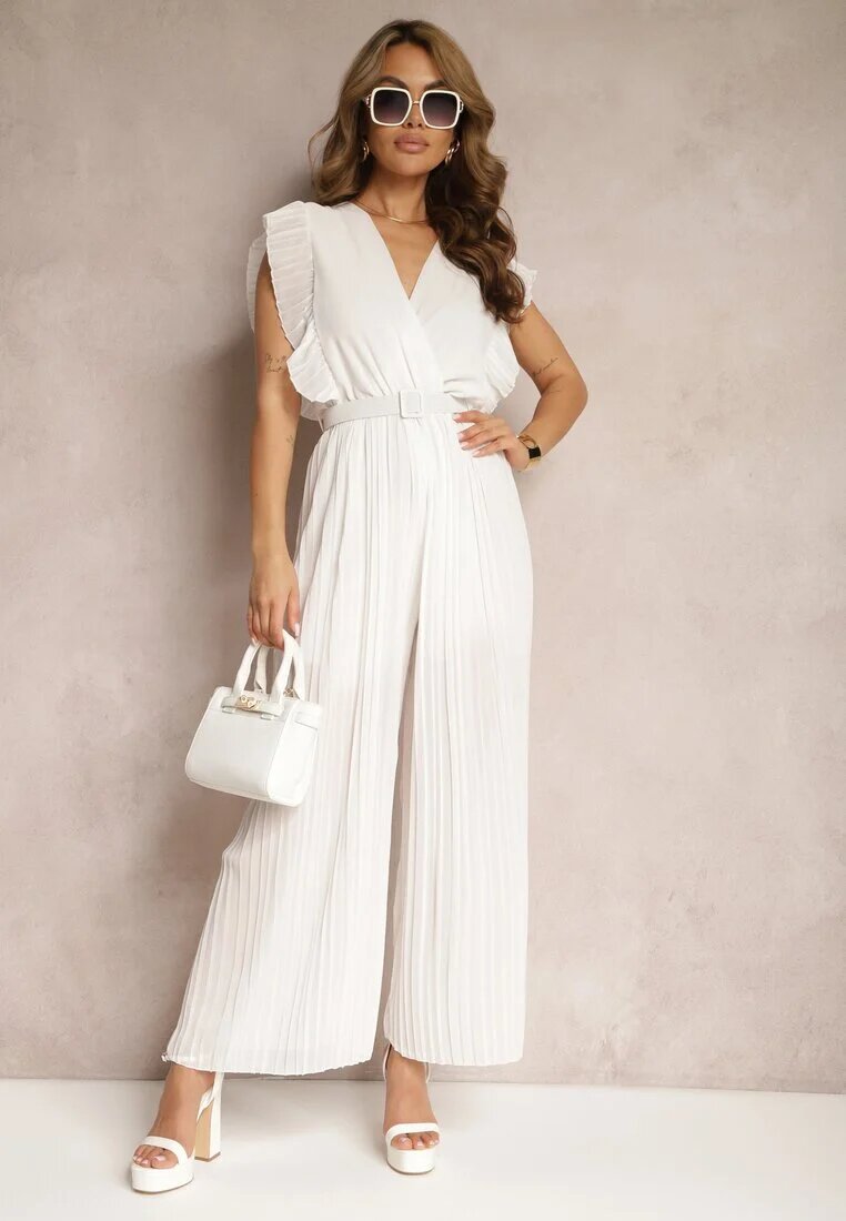new collection Salopetă plisată albă cu volane și picioare largi Jarina