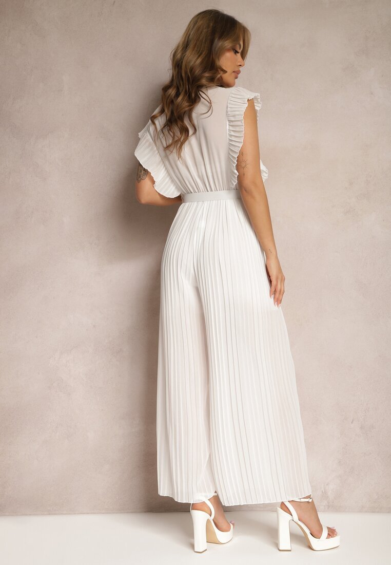 new collection Salopetă plisată albă cu volane și picioare largi Jarina