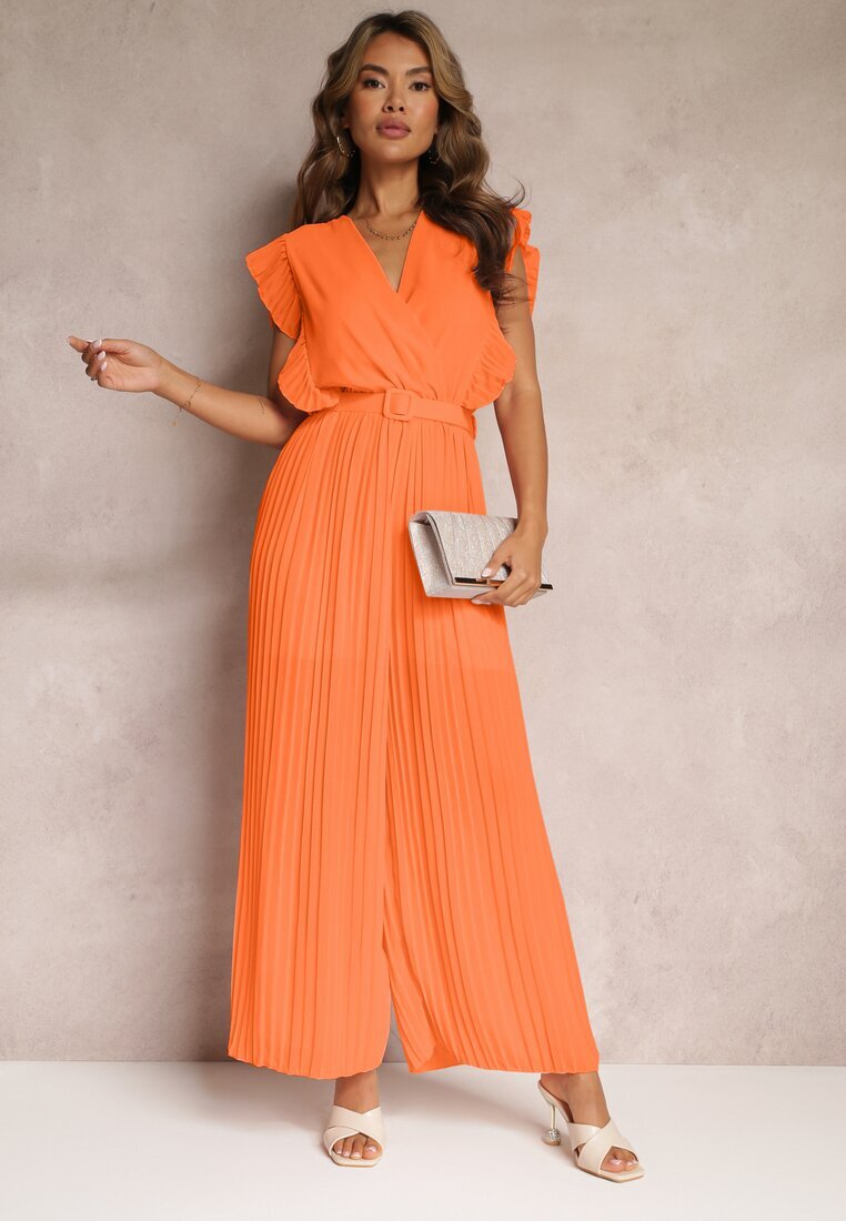 new collection Salopetă plisată portocalie cu volane și pantaloni largi Jarina
