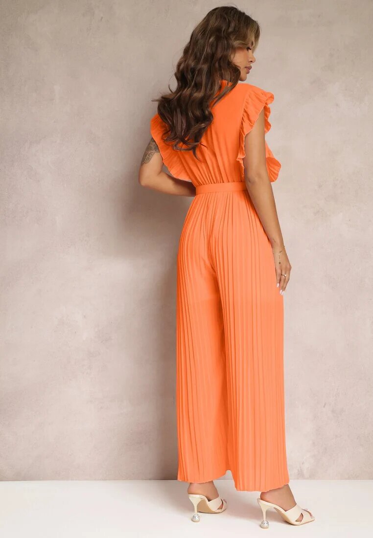 new collection Salopetă plisată portocalie cu volane și pantaloni largi Jarina