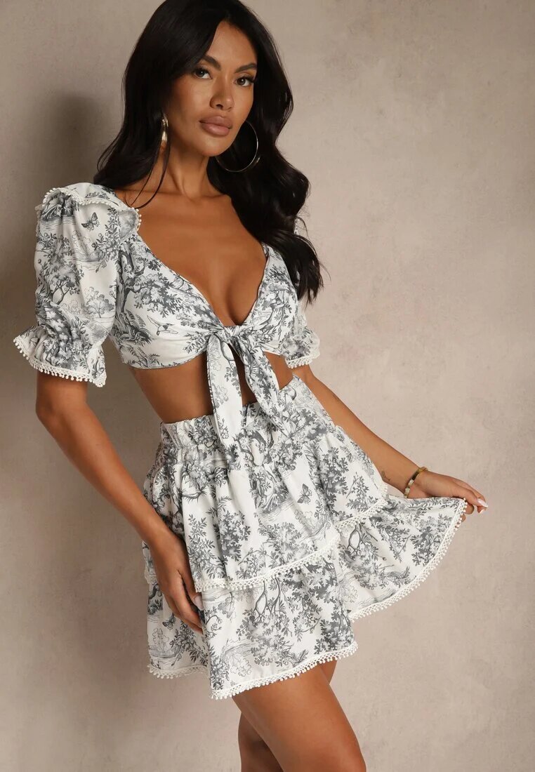new collection Set Alb-Negru Bluză Decorată cu Șiret și Fustă cu Bordură Halanisa