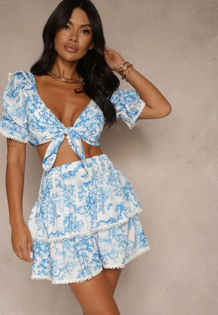 new collection Set Albastru Bluză Decorată cu legătură și Fustă cu bordură Halanisa