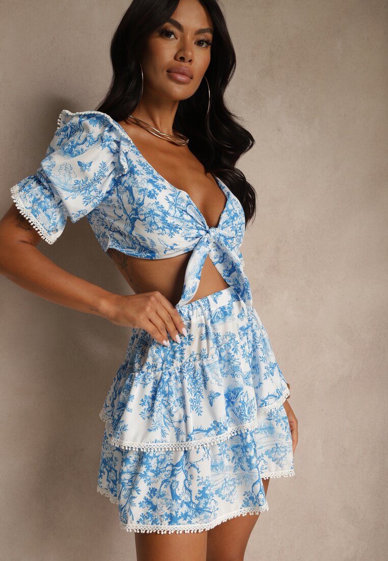 new collection Set Albastru Bluză Decorată cu legătură și Fustă cu bordură Halanisa