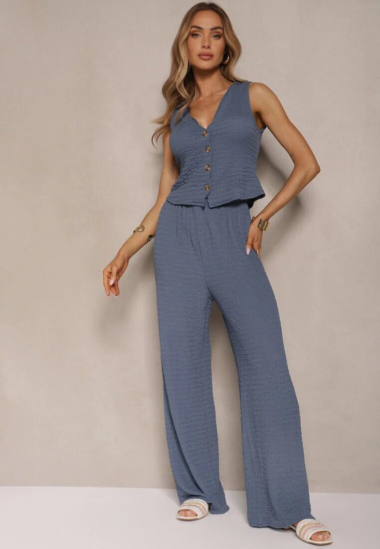 new collection Set Albastru Pantaloni cu croială largă și Vestă cu decolteu în V Sadorine
