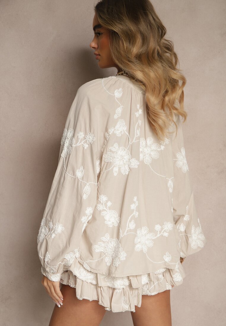 new collection Set din Bumbac Bej Fustă-Pantaloni scurți și Cămașă cu Mâneci Largi Savalene