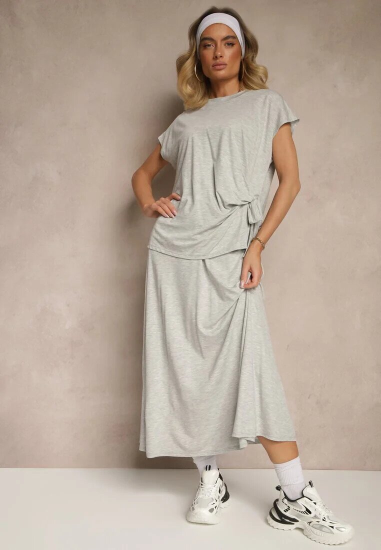 new collection Set Gri din Viscoză Fustă și Bluză Decorată cu Legătură în Talie Davisavina