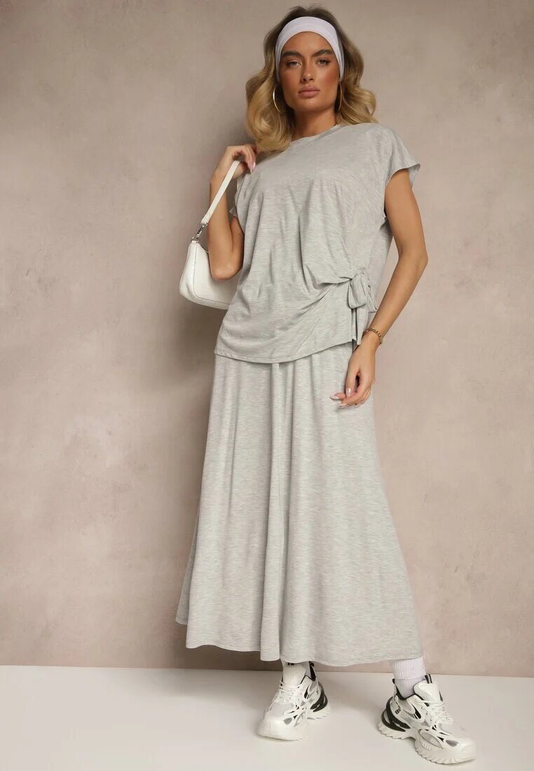 new collection Set Gri din Viscoză Fustă și Bluză Decorată cu Legătură în Talie Davisavina