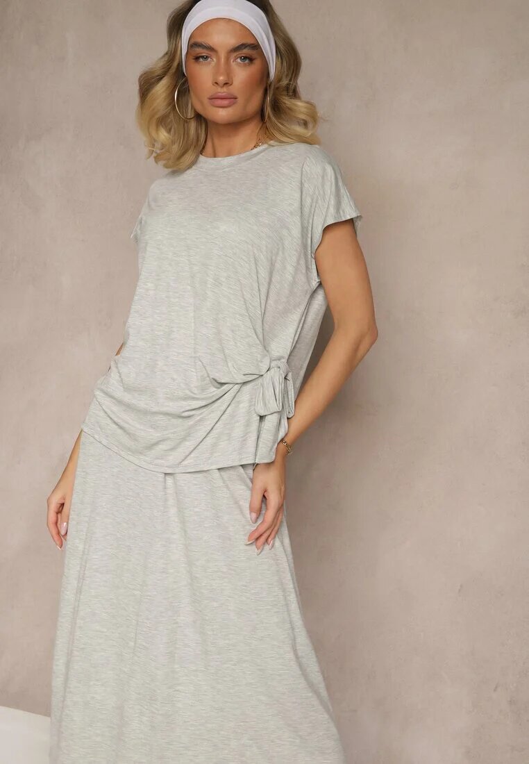 new collection Set Gri din Viscoză Fustă și Bluză Decorată cu Legătură în Talie Davisavina