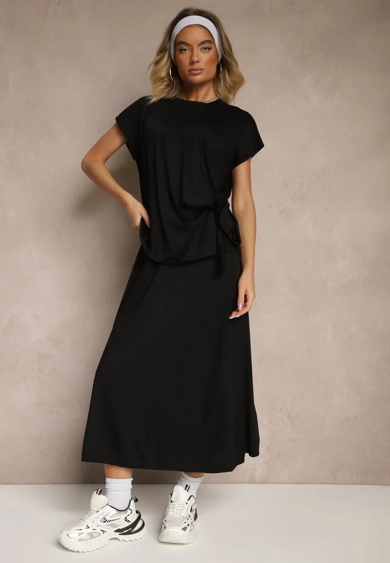 new collection Set Negru cu Vâscoză Fustă și Bluză Decorată cu Legătură în Talie Davisavina