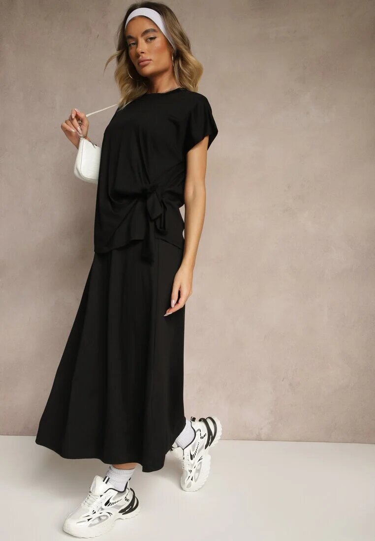 new collection Set Negru cu Vâscoză Fustă și Bluză Decorată cu Legătură în Talie Davisavina