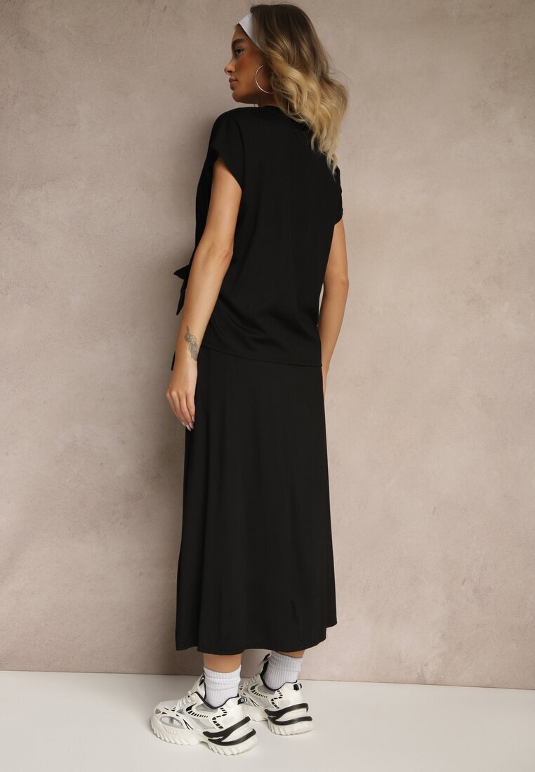 new collection Set Negru cu Vâscoză Fustă și Bluză Decorată cu Legătură în Talie Davisavina