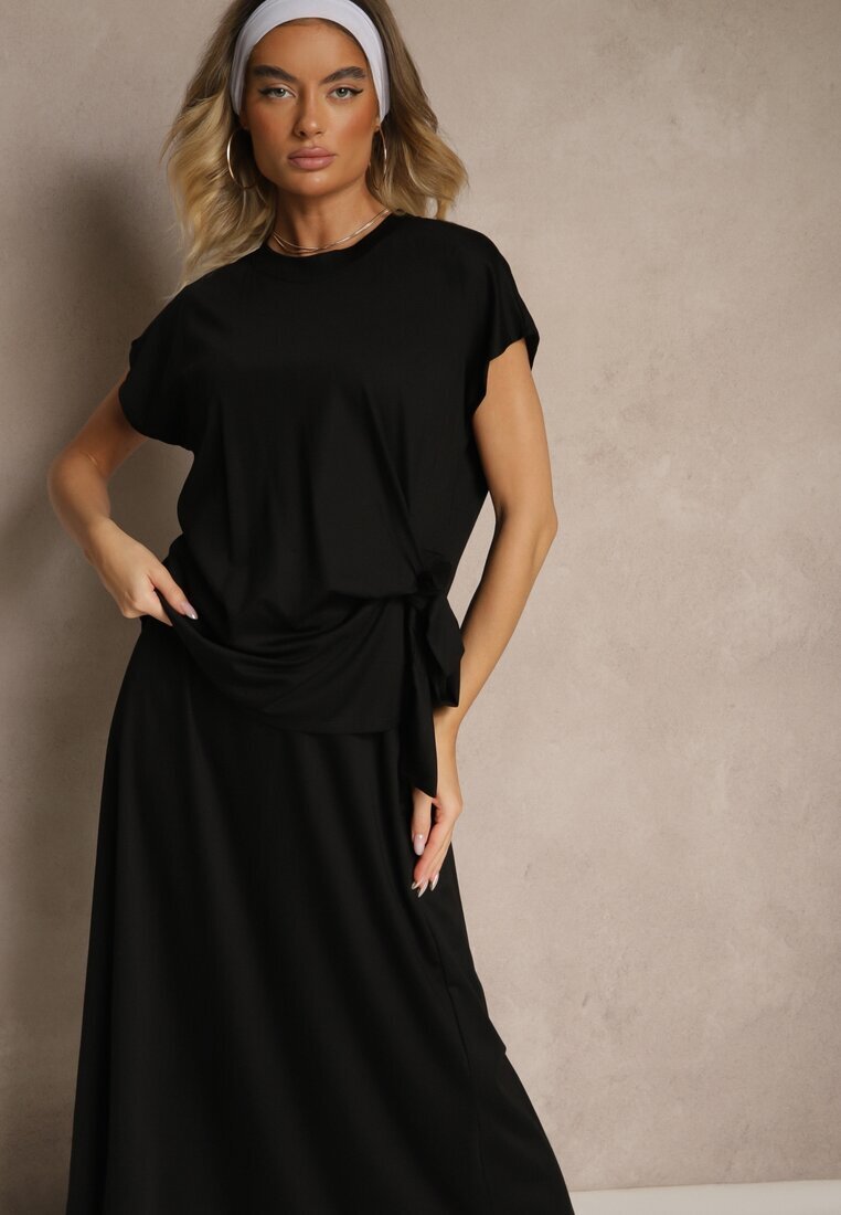 new collection Set Negru cu Vâscoză Fustă și Bluză Decorată cu Legătură în Talie Davisavina