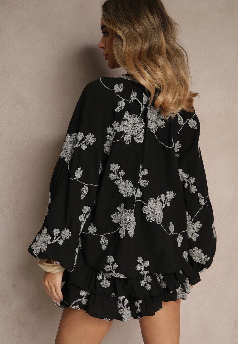 new collection Set Negru din Bumbac Fustă-Pantaloni scurți și Cămașă cu Mâneci Largi Savalene