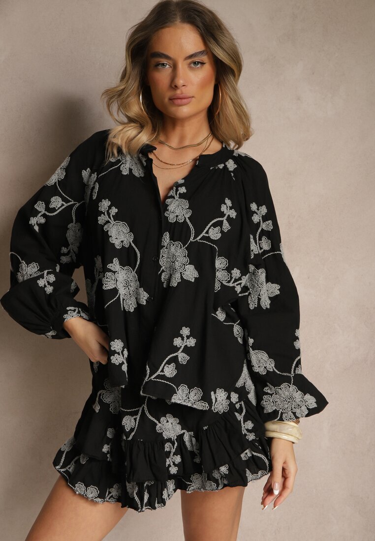 new collection Set Negru din Bumbac Fustă-Pantaloni scurți și Cămașă cu Mâneci Largi Savalene