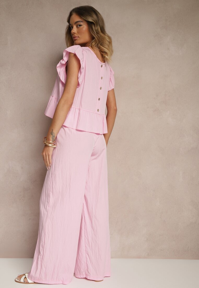 new collection Set Roz din Vâscoză Pantaloni Largi și Bluză cu Peplum Evellimi