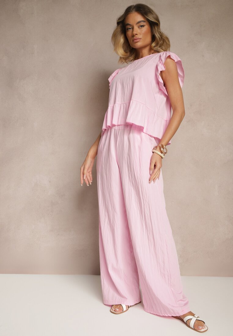 new collection Set Roz din Vâscoză Pantaloni Largi și Bluză cu Peplum Evellimi