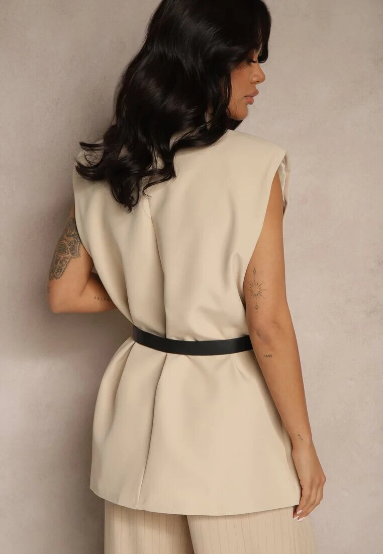 new collection Vestă Bej Oversize stil costum cu nasture și curea cu cataramă Galazia