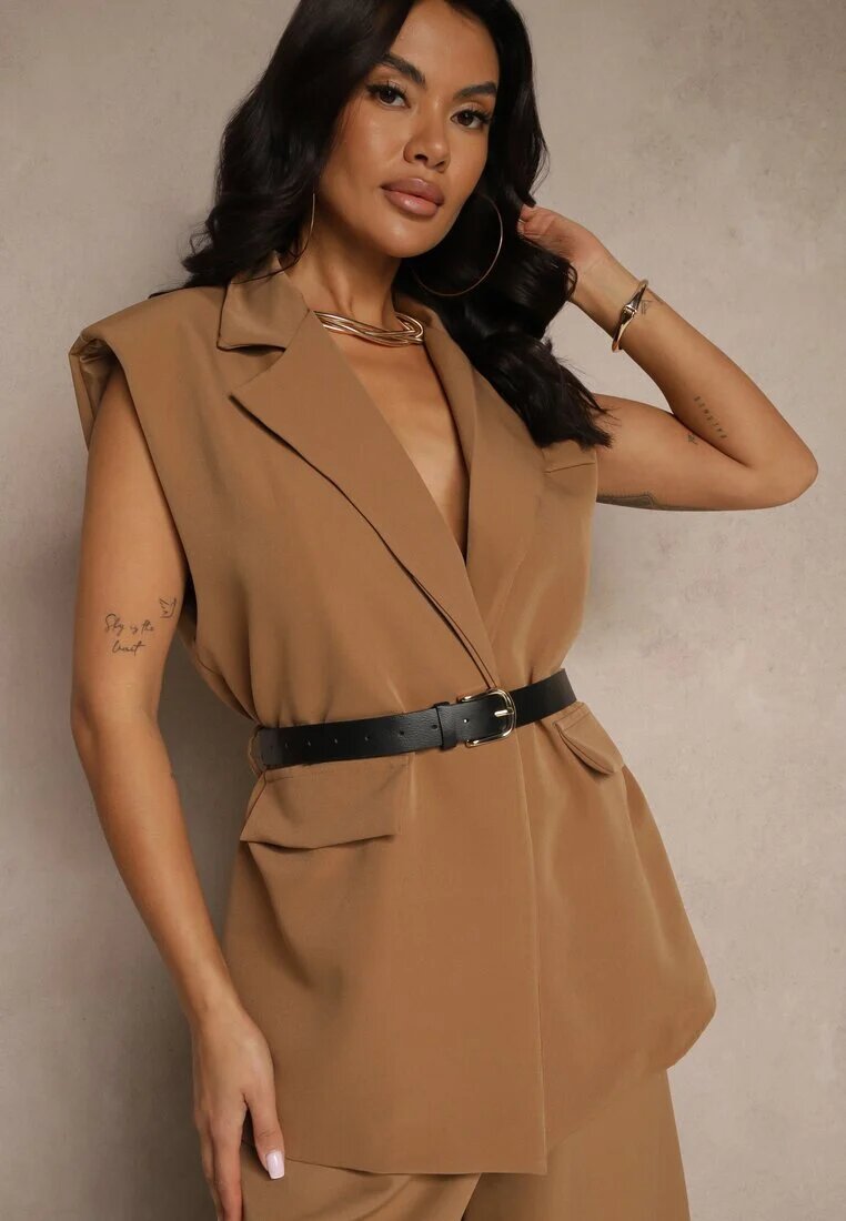 new collection Vestă Maro Deschis Oversize în Stil de Costum cu Nasture și Curea cu Cataramă Galazia