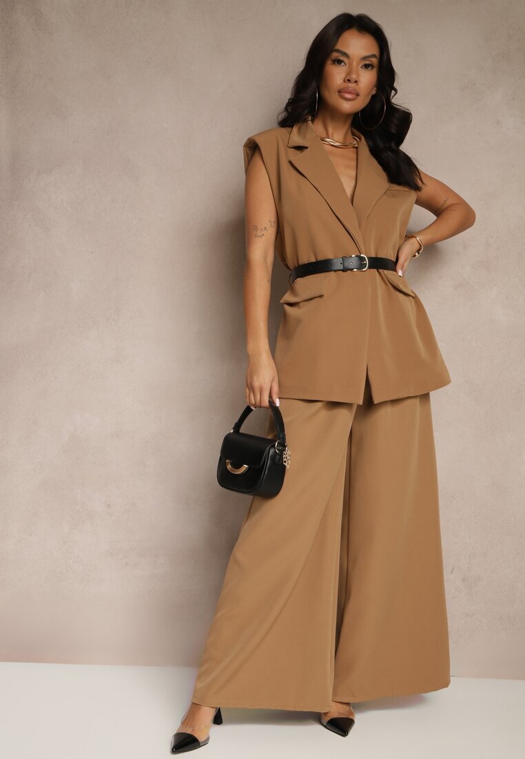 new collection Vestă Maro Deschis Oversize în Stil de Costum cu Nasture și Curea cu Cataramă Galazia