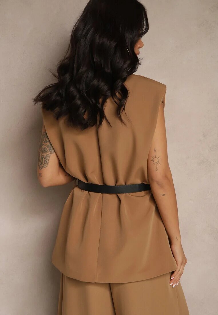 new collection Vestă Maro Deschis Oversize în Stil de Costum cu Nasture și Curea cu Cataramă Galazia