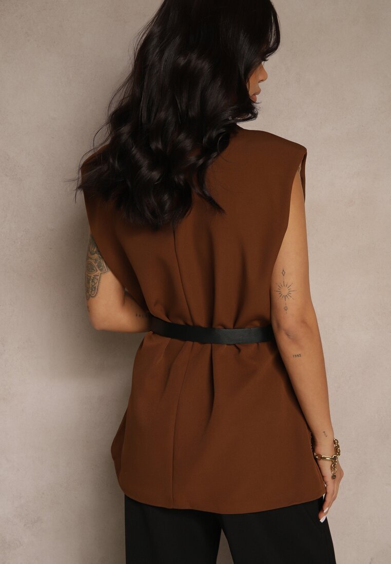 new collection Vestă Maro Oversize în Stil Costum cu Nasture și Curea cu Cataramă Galazia