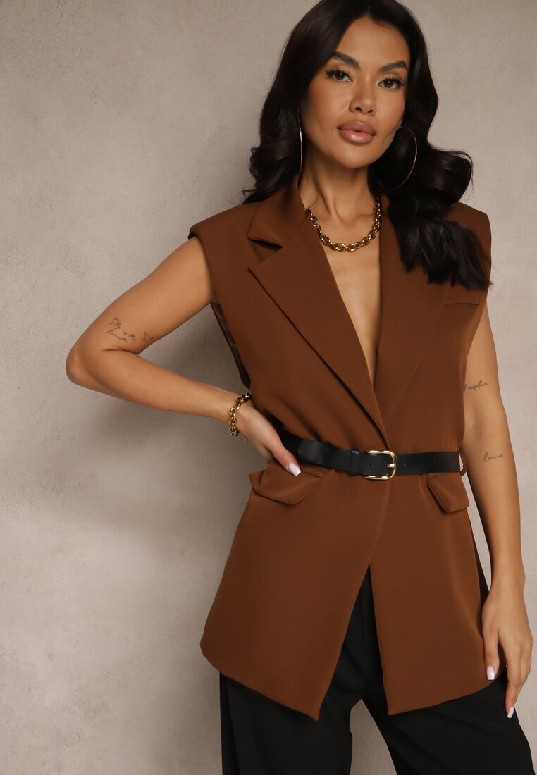 new collection Vestă Maro Oversize în Stil Costum cu Nasture și Curea cu Cataramă Galazia