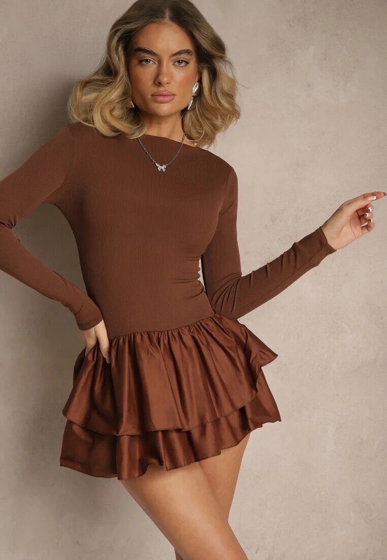 new fashion Rochie maro cu mânecă lungă cu croială evazată cu volan Reline