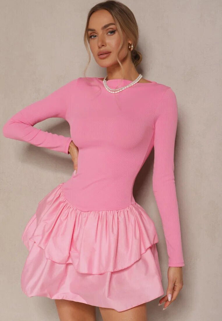 new fashion Rochie Roz Longsleeve cu croi evazat cu volan Reline