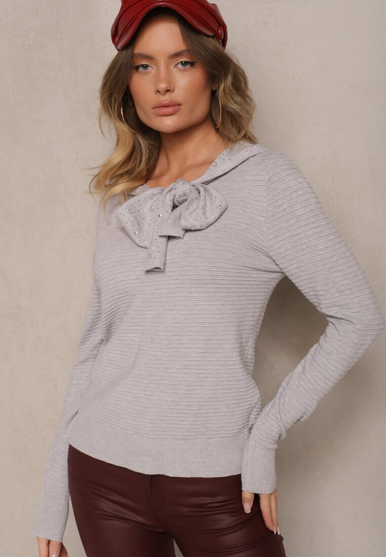 newstar Pulover Gri din Tricot Striaț cu Viscoză Decorat cu Zirconii și Legătură Tintorinae