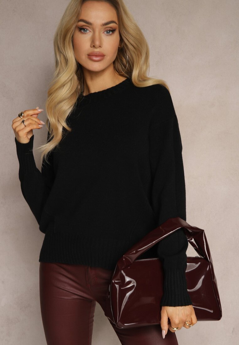 newstar Pulover Negru Casual cu Viscoză și Modal cu Manșete Riviti