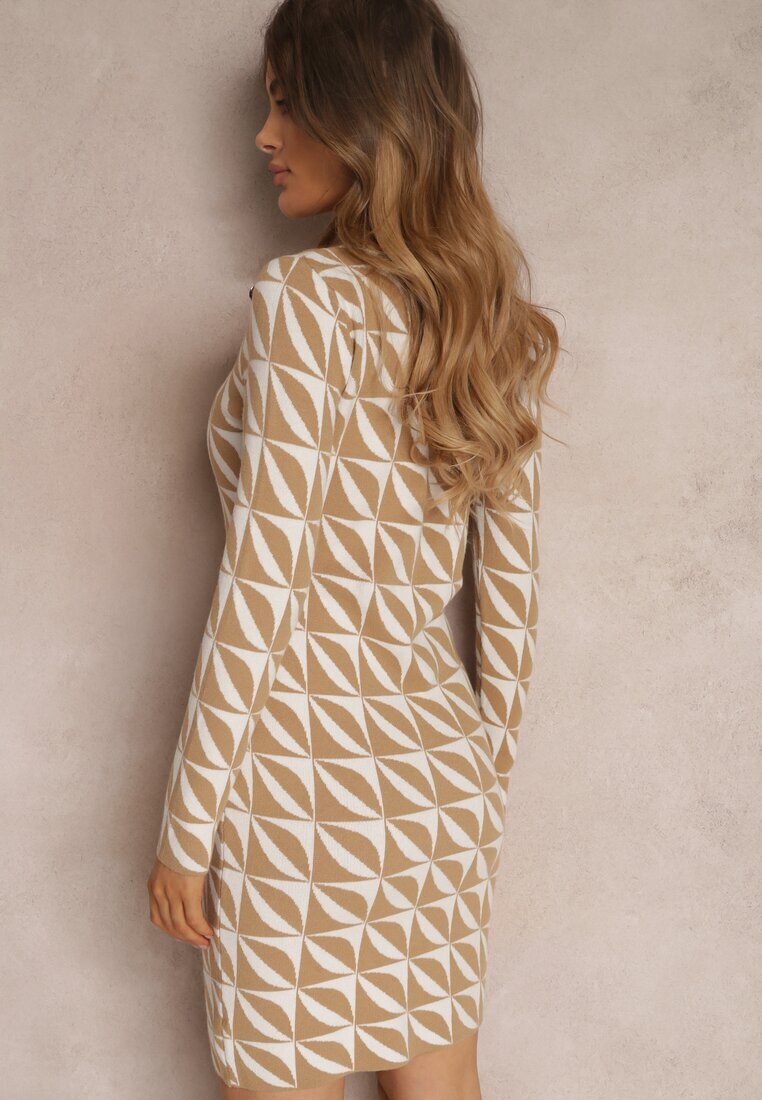 newstar Rochie Alb-bej Tricotată cu Model Geometric Chlaria