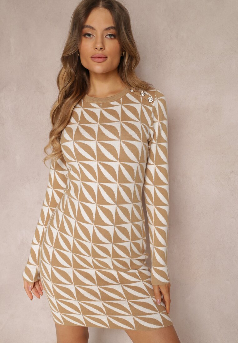 newstar Rochie Alb-bej Tricotată cu Model Geometric Chlaria