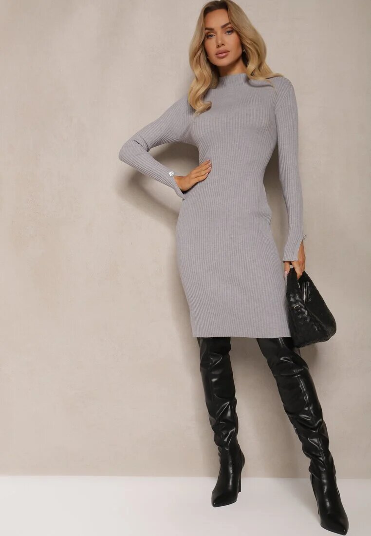 newstar Rochie Gri Mulat din Viscoză și Modal din Tricot Reiat Decorată cu nasturi Zeanitha