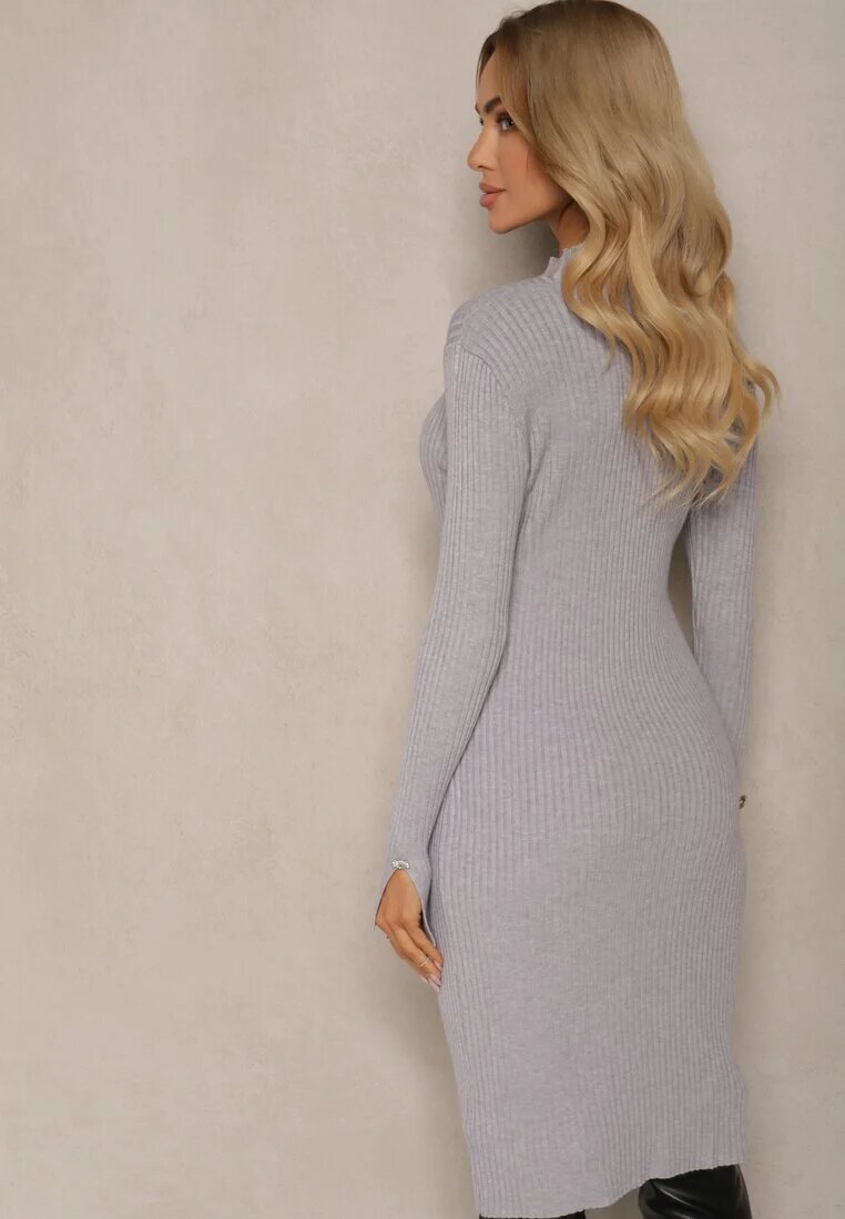 newstar Rochie Gri Mulat din Viscoză și Modal din Tricot Reiat Decorată cu nasturi Zeanitha