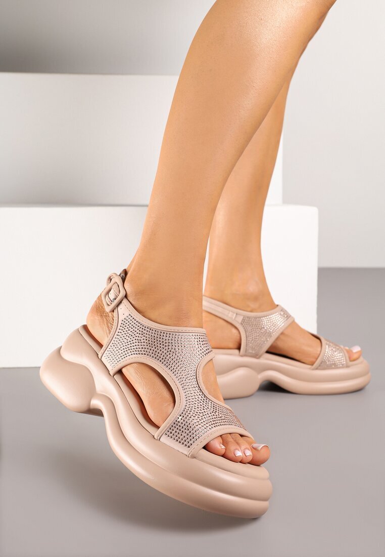 next step Sandale bej Chunky pe platformă de spumă cu fața cu zirconii Idamirela