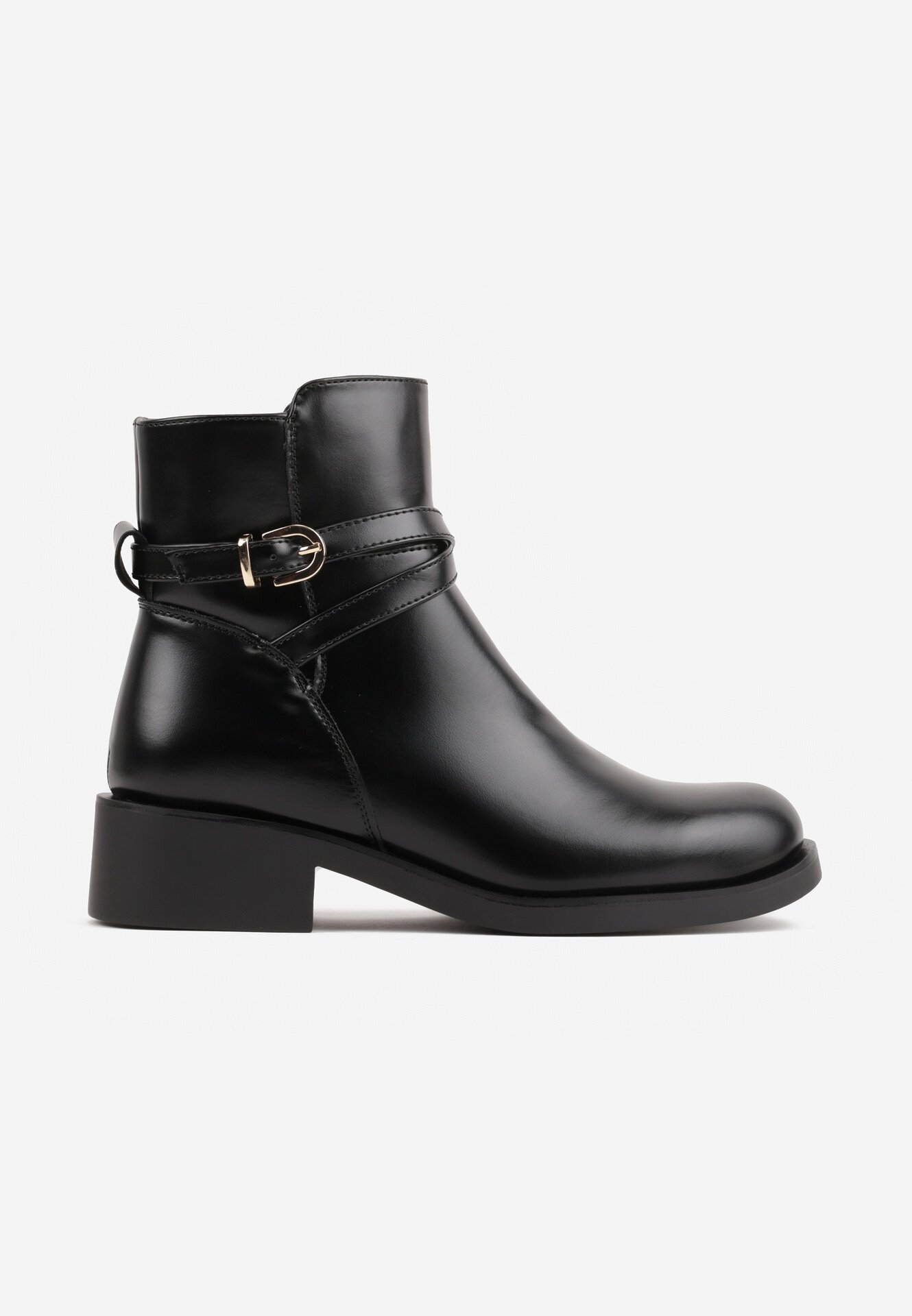 orena paris Botine cu toc plat decorate cu o baretuță elegantă cu cataramă Ramhei Negre