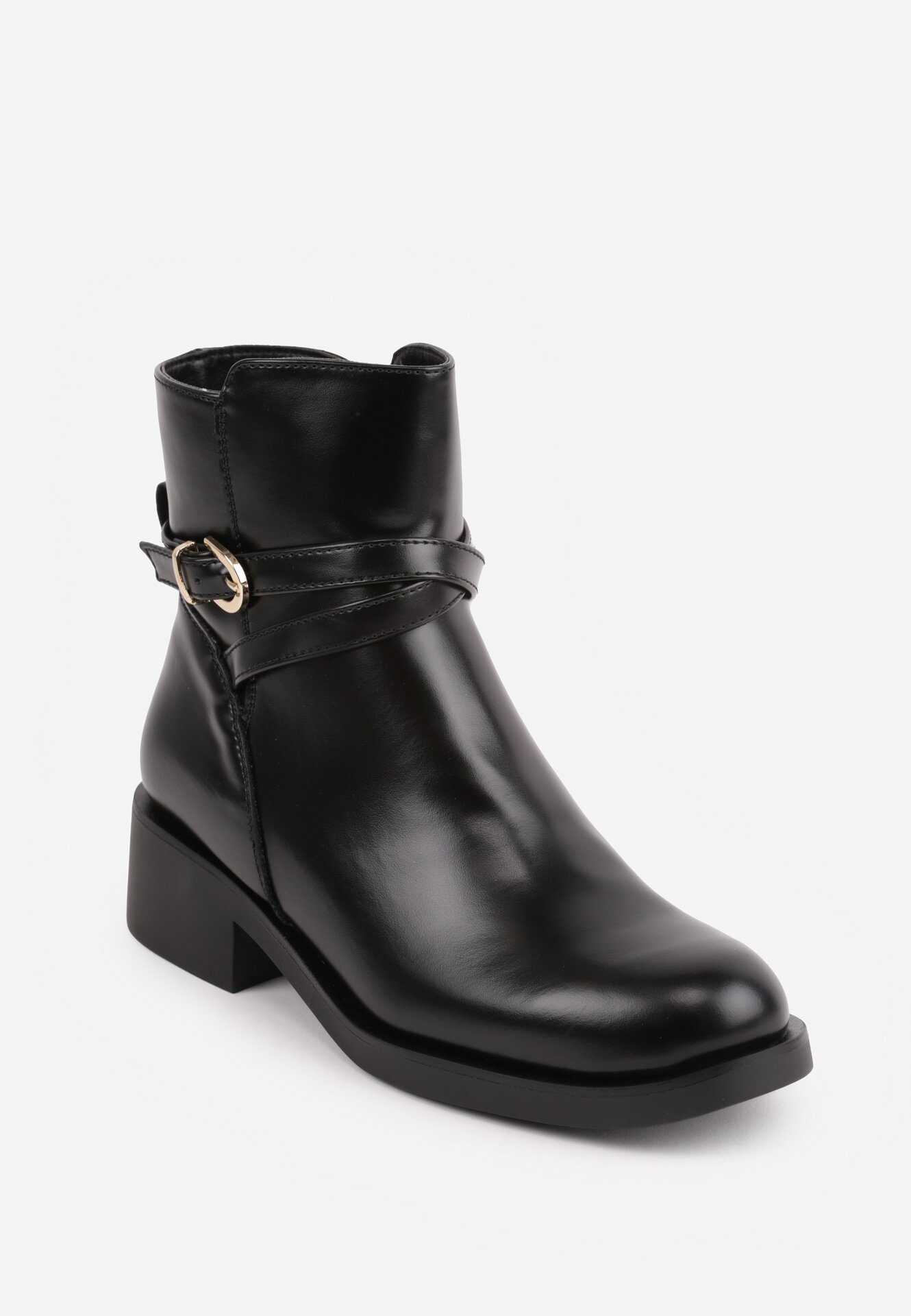 orena paris Botine cu toc plat decorate cu o baretuță elegantă cu cataramă Ramhei Negre