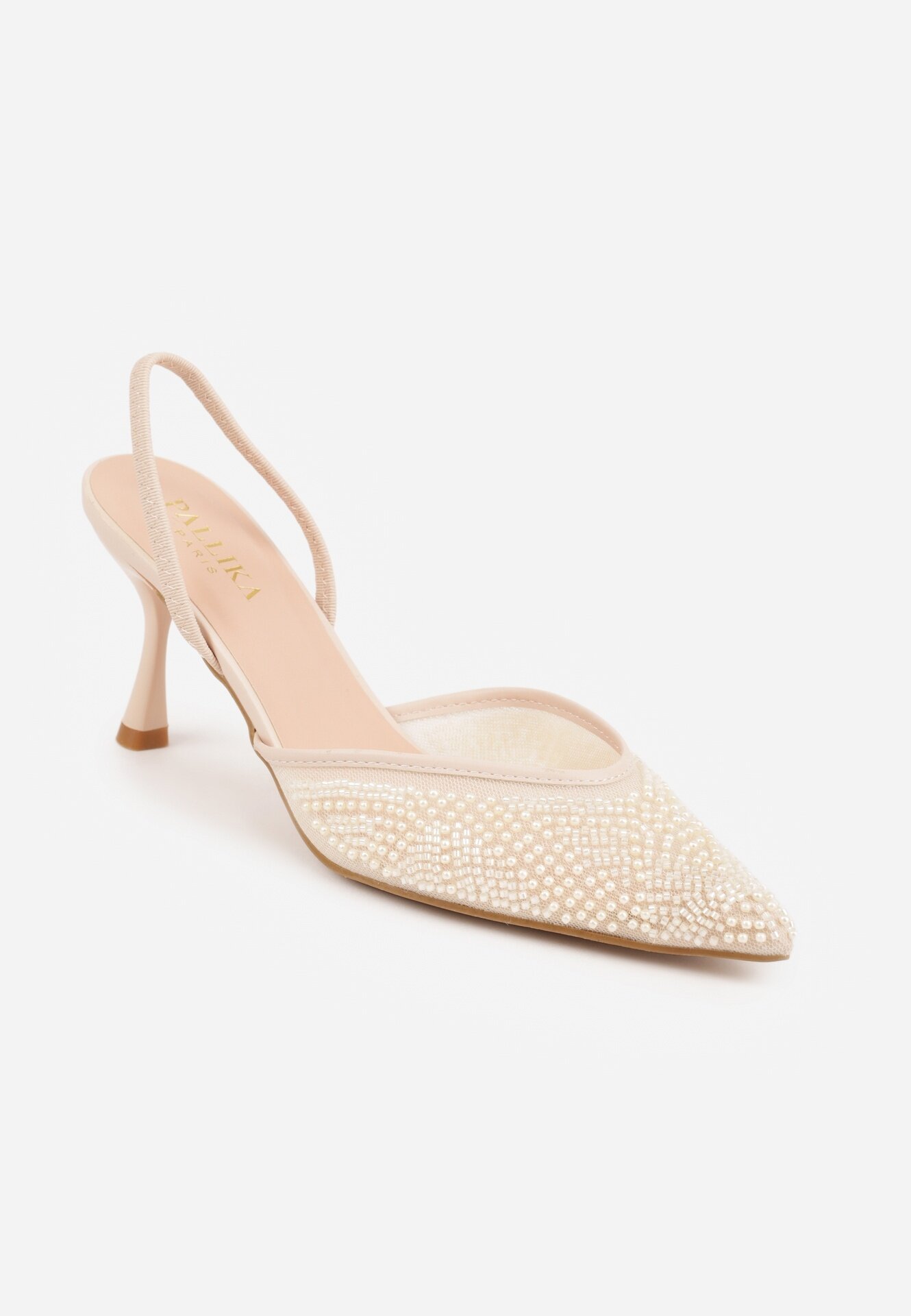pallika paris Pantofi stiletto bej slingback cu partea superioară din plasă și mărgele Carilriane